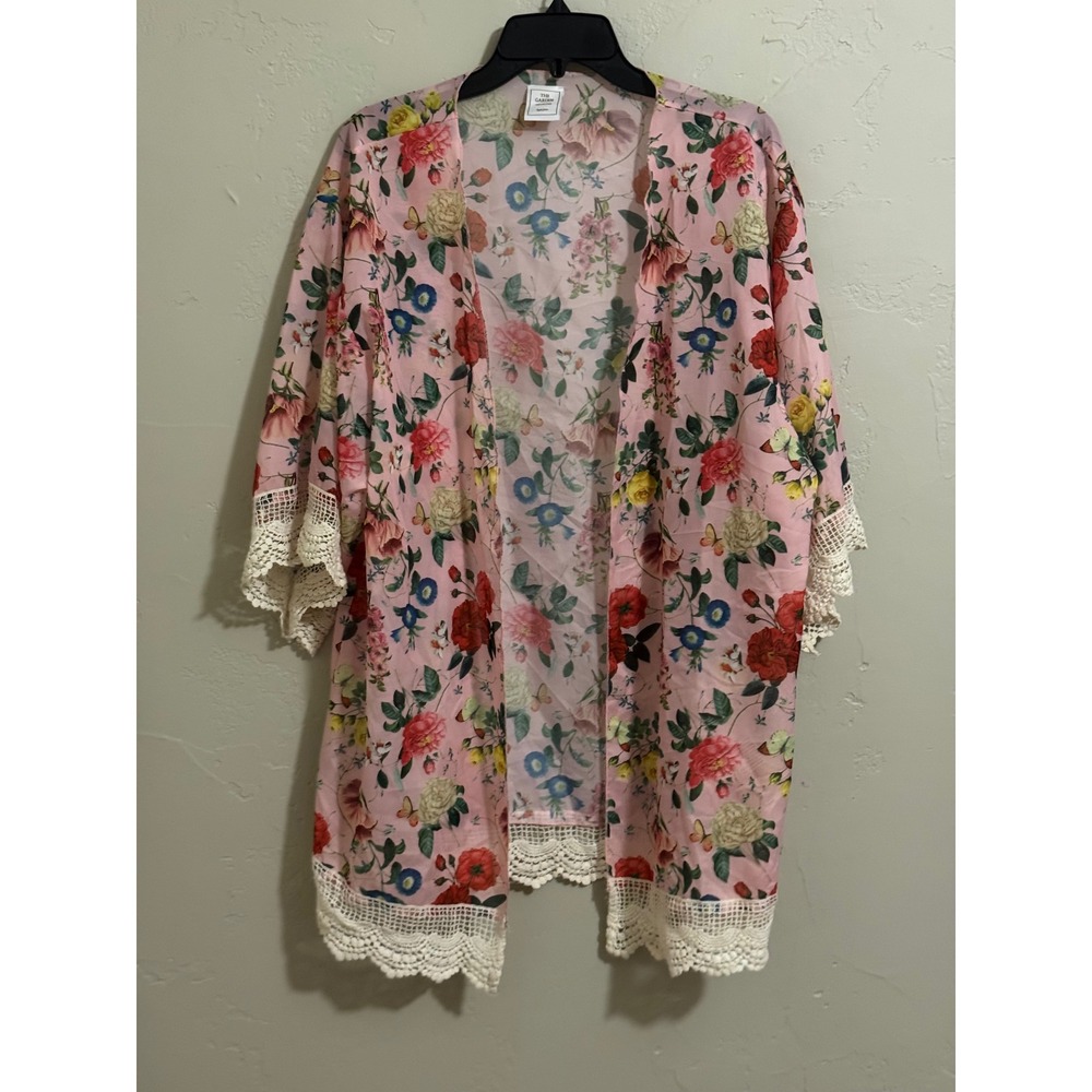 Kari Jobe Pink Floral Kimono Lace Trim Garden Collection Cover Up
